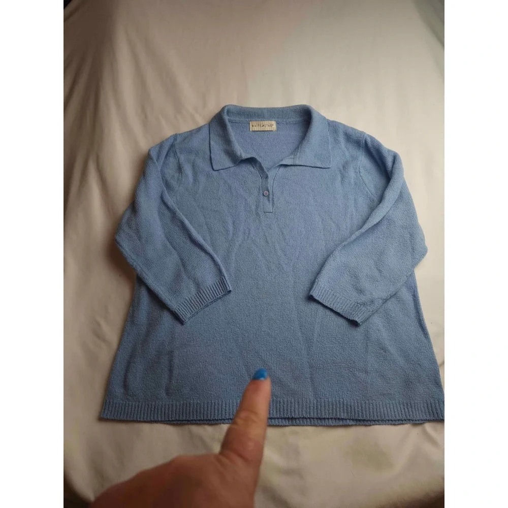White Stag Blue Knit Polo Sweater Collared 3/4 Sleeve Large Womens